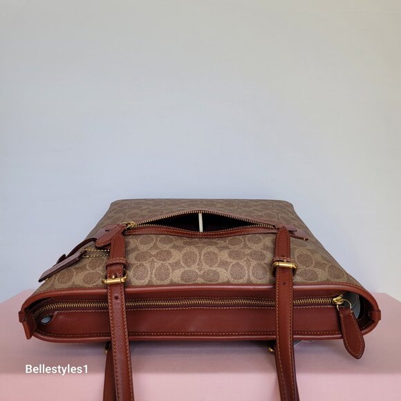COACH Taylor Signature Logo Canvas Tote with C Dangle Charm-Tan Rust color ⭐ - Picture 10 of 16